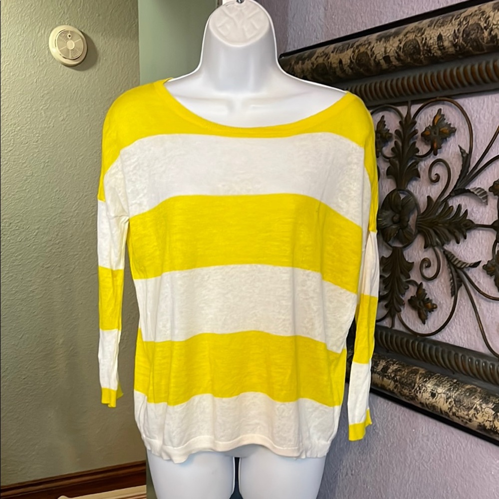 LOFT Lightweight Sweater Bright Yellow / white striped 3/4 sleeves Sz S💚